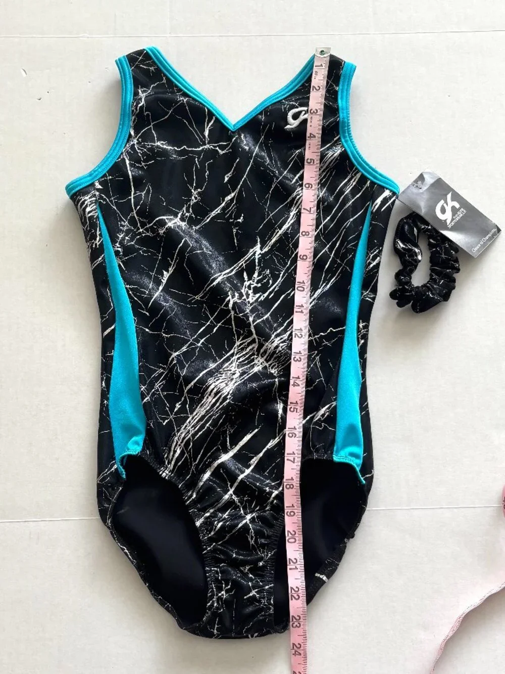 NWT GK Gymnastics Black/Blue Crackle Sleeveless Leotard with Scrunchie Size AS